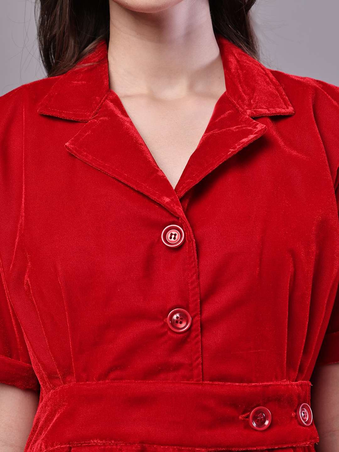 Women's Red Velvet Solid Printed Shirt Midi Dress with Belt - Image 5